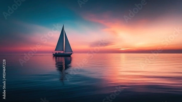 Fototapeta A serene sunset with a sailboat gliding across calm waters in a beautiful landscape