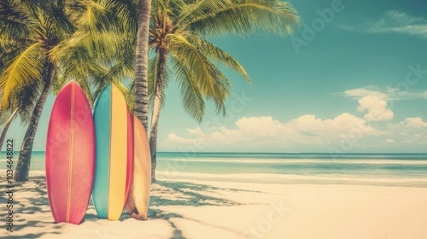 Fototapeta Colorful surfboards standing on a beach with beautiful sea and palm trees background in summer time