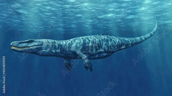 Fototapeta A powerful mosasaur swimming near the surface of a prehistoric ocean, searching for prey.