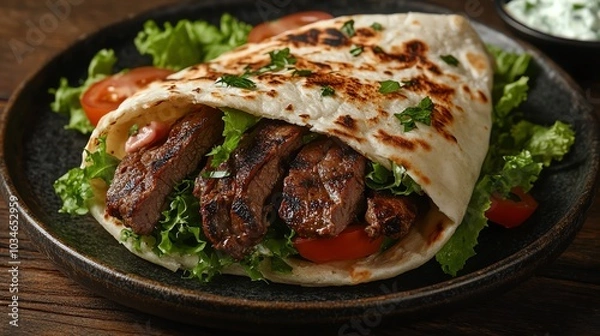 Fototapeta Organic beef gyros with tzatziki sauce, lettuce, and tomatoes wrapped in pita bread, served on a rustic plate, organic beef gyros, Greek street food