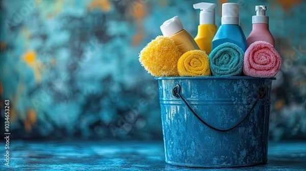 Fototapeta collection of various cleaning products in blue bucket symbolizing cleanliness and household chores.stock image