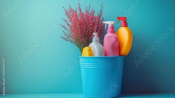Fototapeta collection of various cleaning products in blue bucket symbolizing cleanliness and household chores.illustration