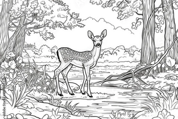 Fototapeta Coloring book illustration of a playful young deer in a serene forest scene