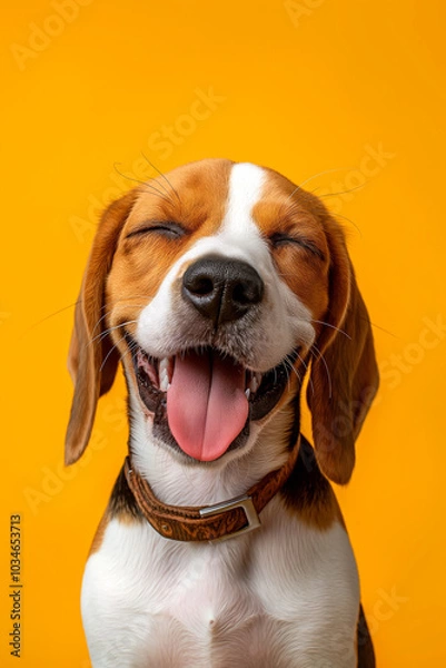 Fototapeta Portrait of a delighted beagle dog smiling and looking at the camera on an orange yellow background