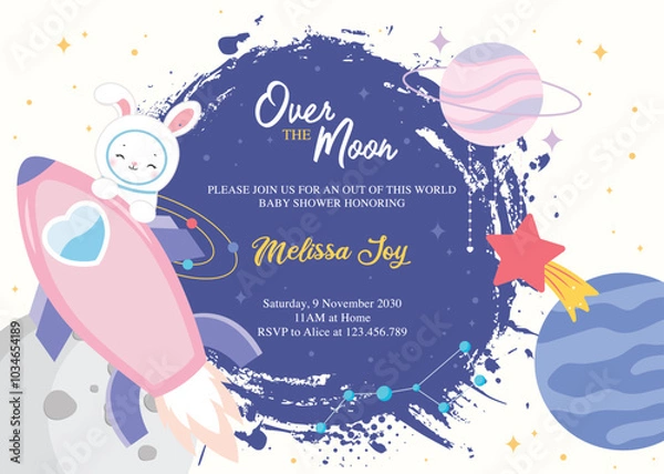 Fototapeta baby shower invitation with a cute bunny astronaut and space elements