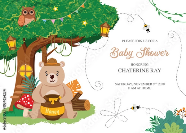 Fototapeta Baby shower invitation with a cute bear and tree