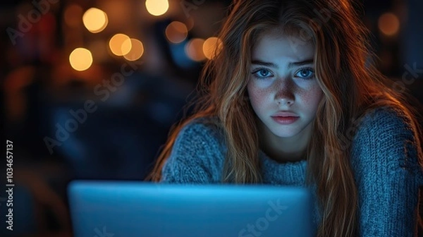 Fototapeta distressed teenage girl sits in front of her computer visibly upset as she reads hurtful and bullying messages on her laptop screen reflecting the growing issue of cyberbullying among youth.image