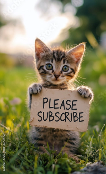 Fototapeta Kitten holding a sign that says Please subscribe generated by AI

