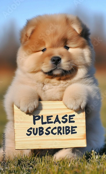 Fototapeta Chow chow holding a sign that says please subscribe generated by AI