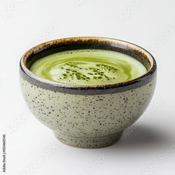 Fototapeta Matcha green tea in a speckled bowl on a white background.