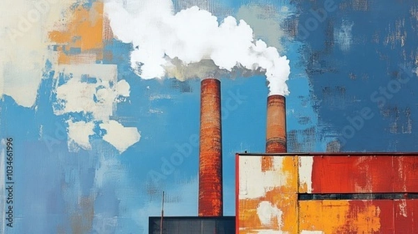 Fototapeta Industrial scene featuring smokestacks created using mixed media
