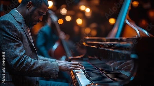 Fototapeta A jazz pianist performing on stage with a grand piano, surrounded by a blurred background of lights and a double bass.