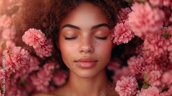 Fototapeta serene woman surrounded by pink flowers symbolizes the connection between skin health and mental wellbeing highlighting the importance of self care and natural beauty.image