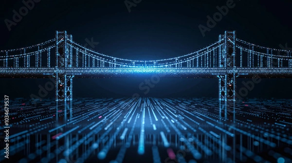 Obraz The scene features a stylized bridge glowing with blue lights, symbolizing technological advancements and connectivity in urban settings during the night