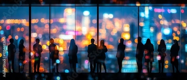 Fototapeta Highresolution image of business professionals  silhouettes standing in an office against a blurred city lights bokeh backdrop, emphasizing a vibrant urban environment