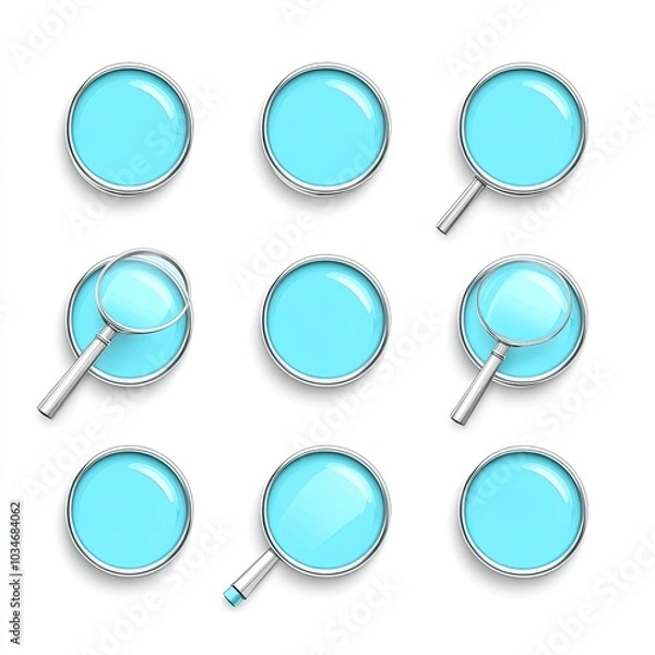 Fototapeta Nine Circular Buttons With Blue Fill and Silver Trim, Three With Magnifying Glass Handles