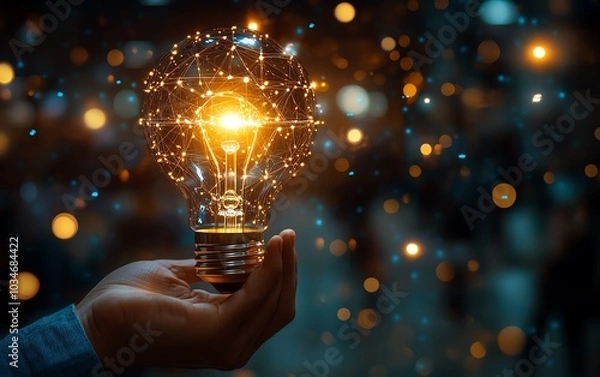 Fototapeta Closeup image of a man gripping a luminous lightbulb, representing ideas and creativity, highlighted by dynamic lighting and an AIinspired background