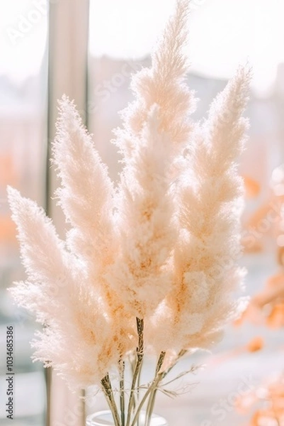 Fototapeta Fluffy White Pampas Grass Bouquet in Sunlight