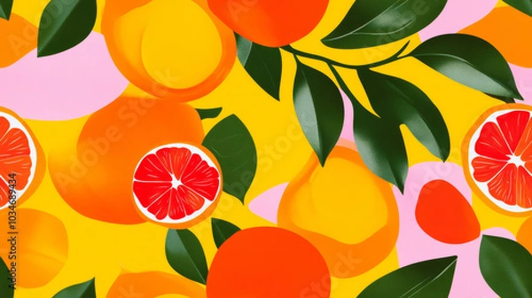 Fototapeta grapefruit fruit print and plants print in red yellow pink orange green colored citrus exotic seamless patchwork pattern. fashion trendy banner background for fabric textile design wallpaper