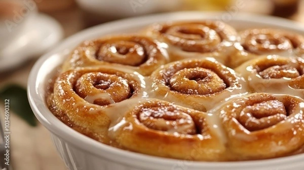 Fototapeta A pan of freshly baked cinnamon rolls, drizzled with icing.