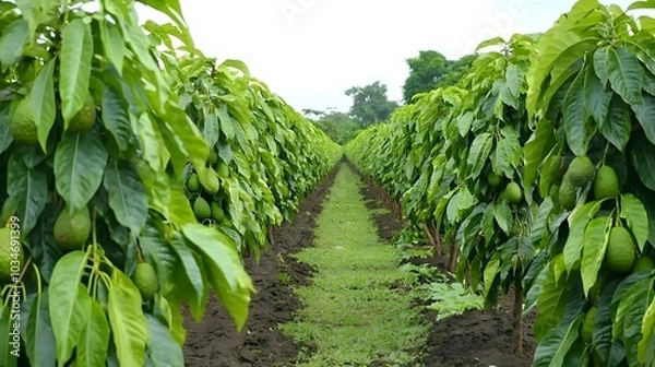 Obraz Lush avocado farm with trees full of ripe green avocados set against an isolated natural background  Abundant healthy avocado harvest in a rural agricultural landscape