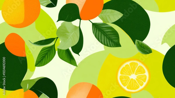 Fototapeta orange fruit print and plants print in green orange yellow white colored citrus exotic seamless patchwork pattern. fashion trendy banner background for fabric textile design wallpaper