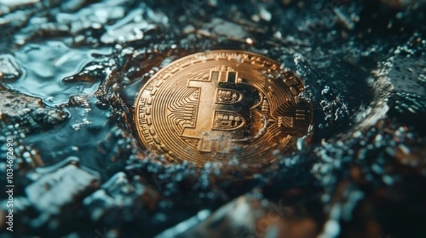 Fototapeta Detailed close-up of a Bitcoin coin, half submerged in a pool of digital code
