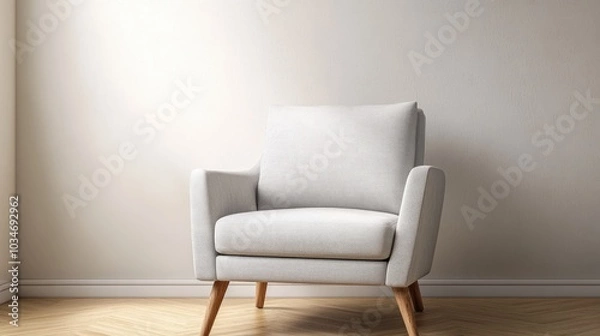 Fototapeta A realistic photo of a modern living room with a light gray armchair and wooden legs. The minimalist design emphasizes simplicity and elegance, perfect for a high-end lifestyle look. Captured in 32k