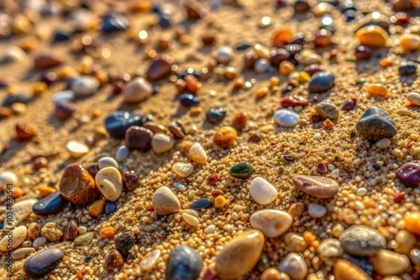 Fototapeta Colorful pebbles on sandy beach with warm sunlight and sand texture