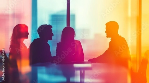Fototapeta Light-based silhouettes of professionals in a collaborative meeting, double exposure with abstract gradient effects