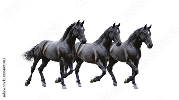 Fototapeta Dynamic Trio of Black Horses Running Against a White Background Generative AI