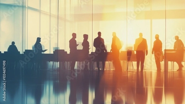 Obraz Silhouettes of business figures in a collaborative meeting room, abstract double exposure with light and shadow gradients