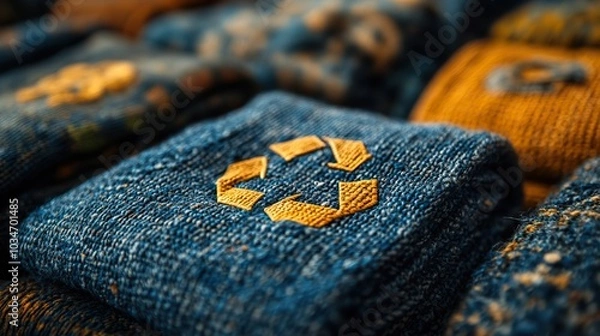 Obraz an assortment of eco friendly garments featuring recycle symbol promoting the concept of recycling textiles and embracing sustainable fashion practices