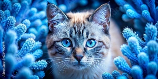 Fototapeta A feline with piercing blue eyes gazes intensely from behind a cluster of vibrant blue foliage, its fur blending seamlessly with the surrounding colors.