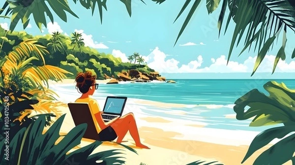 Fototapeta Woman Working on Tropical Beach, Embracing Remote Work Lifestyle in Paradise Setting