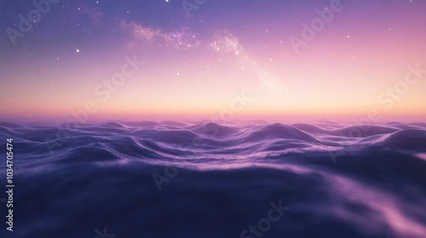 Fototapeta 3D cartoon rendering of the Milkyway Galaxy rising above a serene sky with a soft focus and noise created through long exposure and high ISO techniques