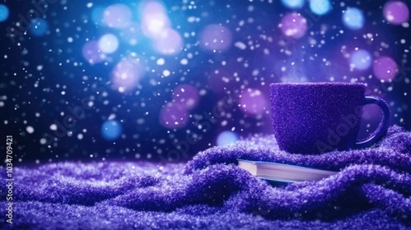 Fototapeta Cozy winter scene with purple mug and book amidst twinkling lights and falling snow