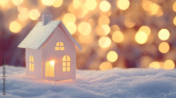 Fototapeta A small white house model with glowing windows sits on a snowy surface with a blurred background of warm bokeh lights, symbolizing winter warmth and home.