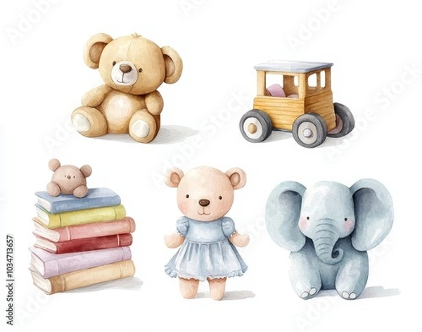 Fototapeta Delightful Sticker Set with Watercolor Illustrated Toys for Nursery and Playroom Decor