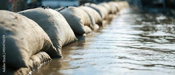 Fototapeta Sandbags stacked along a flooded area, holding back water, showcasing flood prevention efforts and the impact of nature on human environments.