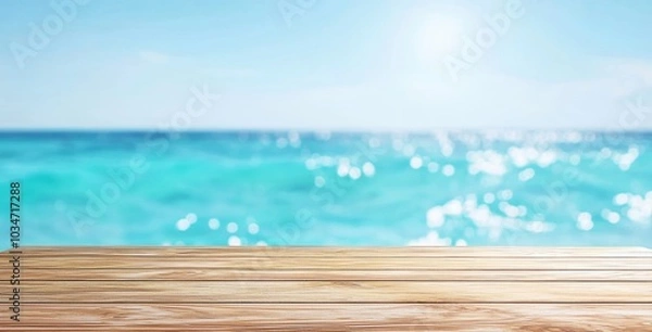 Fototapeta Smooth wooden table with serene ocean view in the background