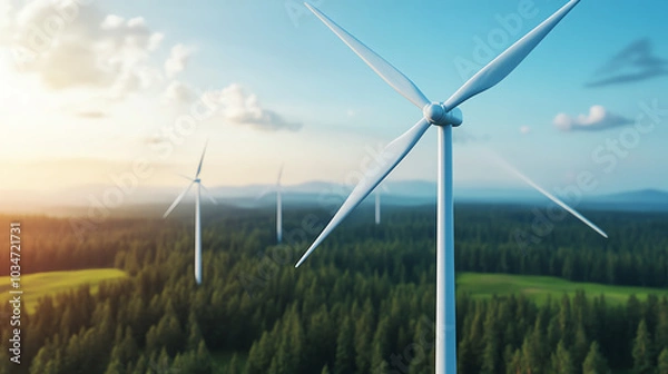 Fototapeta A scenic view of wind turbines in a lush green forest, showcasing renewable energy and sustainable technology against a clear blue sky.