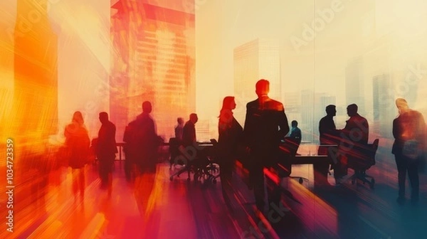 Obraz Shadowy double exposure of business people in a collaborative workspace, light beams intersecting