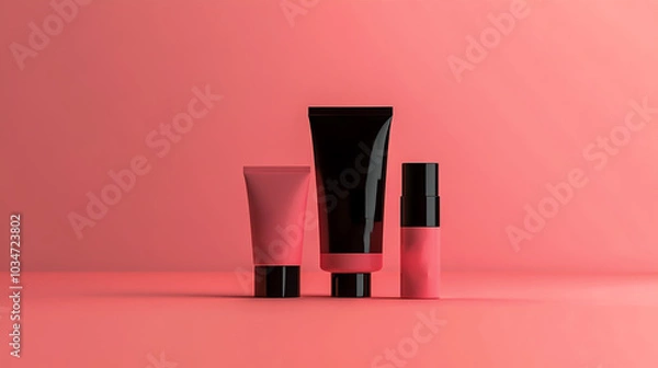 Fototapeta A set of pink and black skincare product packaging in a simple style, positioned on the right against a solid color background.