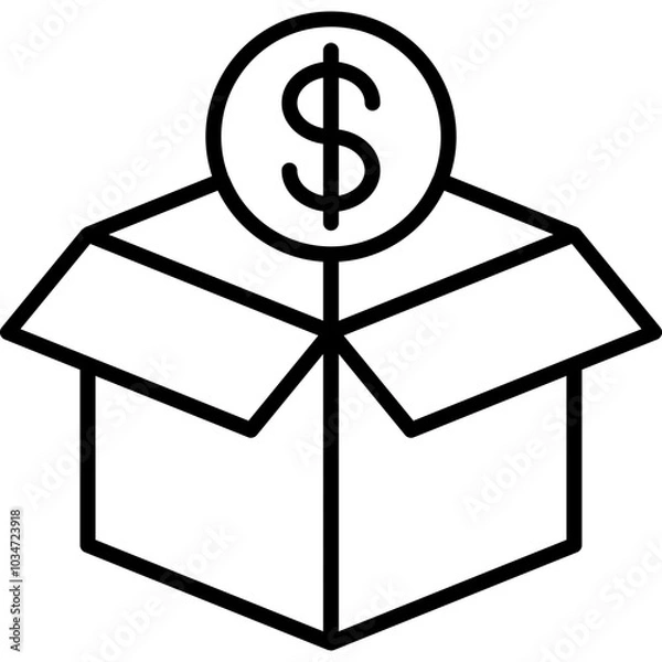 Obraz Black line vector icon of an open box with a dollar symbol on top, representing concepts of financial packages, pricing, value, or economic transactions.