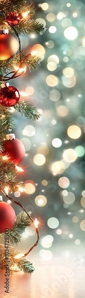 Fototapeta Christmas Tree Branch with Lights and Ornaments.
