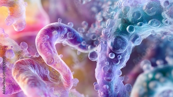 Obraz Microscopic View of Intertwined Cells with Bumpy Surfaces and Small Spheres