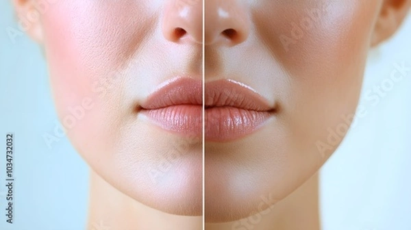 Fototapeta Write a testimonial from a patient who underwent a wrinkle reduction procedure around the mouth, with before-and-after photos showing smooth skin