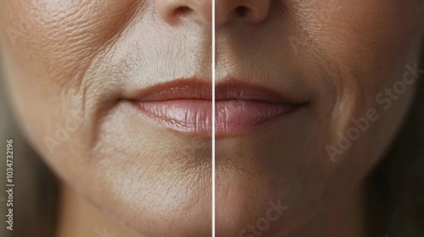 Fototapeta Before-and-after close-up photo of the lips, showing significant wrinkle reduction around the mouth area post-filler treatment, resulting in a smoother, youthful look