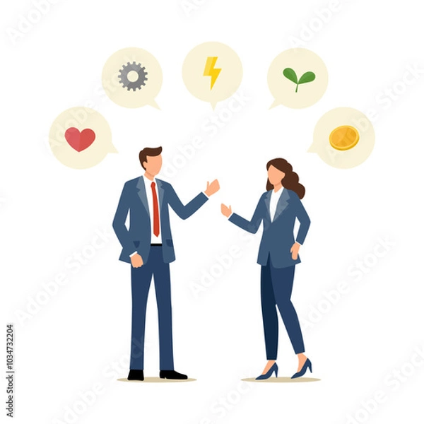 Fototapeta 地球の環境問題について語る男女のフラットなベクターイラスト画像、ハート、産業、電力、環境、経済、マネー